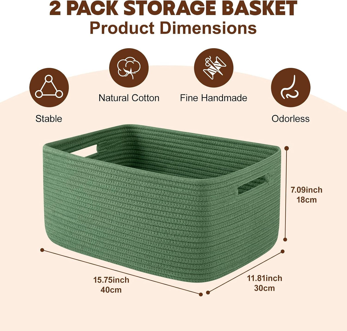 OIAHOMY Storage Basket for Shelves, Closet Cube Storage Bins Baskets for Clothes Blanket Towels, Baby Nursery, Toy Baskets Box, Woven Rope Basket, 17.72 * 12.99 * 7.87 IN, 2 Packs White