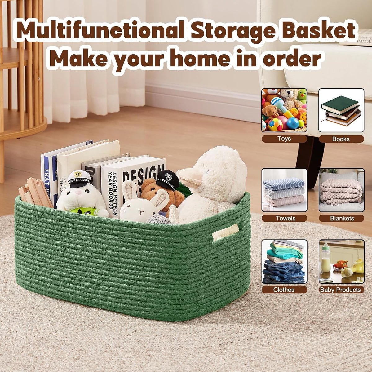 OIAHOMY Storage Basket for Shelves, Closet Cube Storage Bins Baskets for Clothes Blanket Towels, Baby Nursery, Toy Baskets Box, Woven Rope Basket, 17.72 * 12.99 * 7.87 IN, 2 Packs White