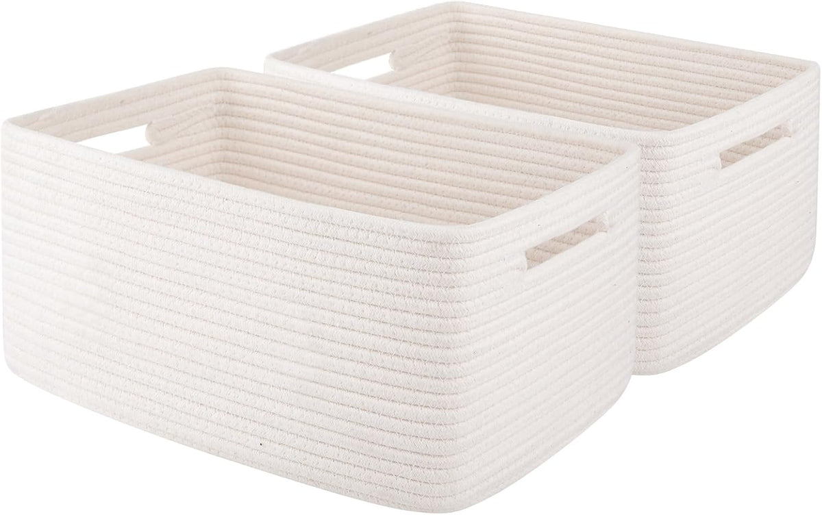 OIAHOMY Storage Basket for Shelves, Closet Cube Storage Bins Baskets for Clothes Blanket Towels, Baby Nursery, Toy Baskets Box, Woven Rope Basket, 17.72 * 12.99 * 7.87 IN, 2 Packs White