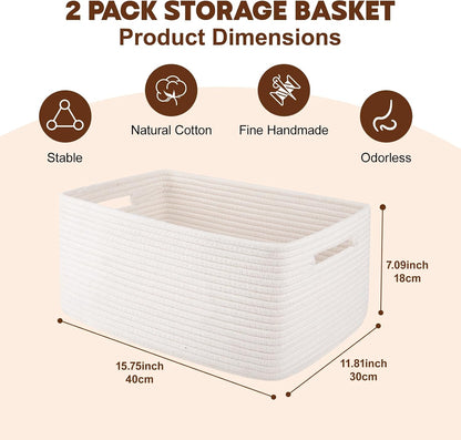 OIAHOMY Storage Basket for Shelves, Closet Cube Storage Bins Baskets for Clothes Blanket Towels, Baby Nursery, Toy Baskets Box, Woven Rope Basket, 17.72 * 12.99 * 7.87 IN, 2 Packs White