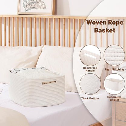 OIAHOMY Storage Basket for Shelves, Closet Cube Storage Bins Baskets for Clothes Blanket Towels, Baby Nursery, Toy Baskets Box, Woven Rope Basket, 17.72 * 12.99 * 7.87 IN, 2 Packs White