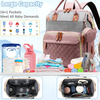 Diaper Bag Backpack Baby Bag, Baby Girl Boy Diaper Bag for Dad Mom with Pad, 16 Pockets, Pacifier Case, Large Diaper Bags Unisex for Travel(Pink Grey)
