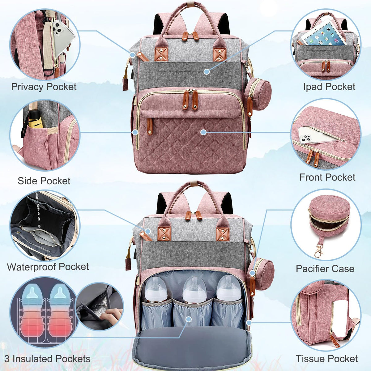 Diaper Bag Backpack Baby Bag, Baby Girl Boy Diaper Bag for Dad Mom with Pad, 16 Pockets, Pacifier Case, Large Diaper Bags Unisex for Travel(Pink Grey)