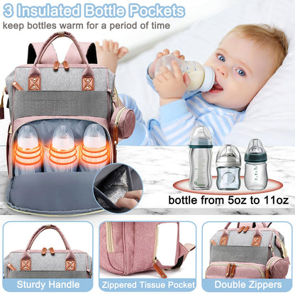 Diaper Bag Backpack Baby Bag, Baby Girl Boy Diaper Bag for Dad Mom with Pad, 16 Pockets, Pacifier Case, Large Diaper Bags Unisex for Travel(Pink Grey)