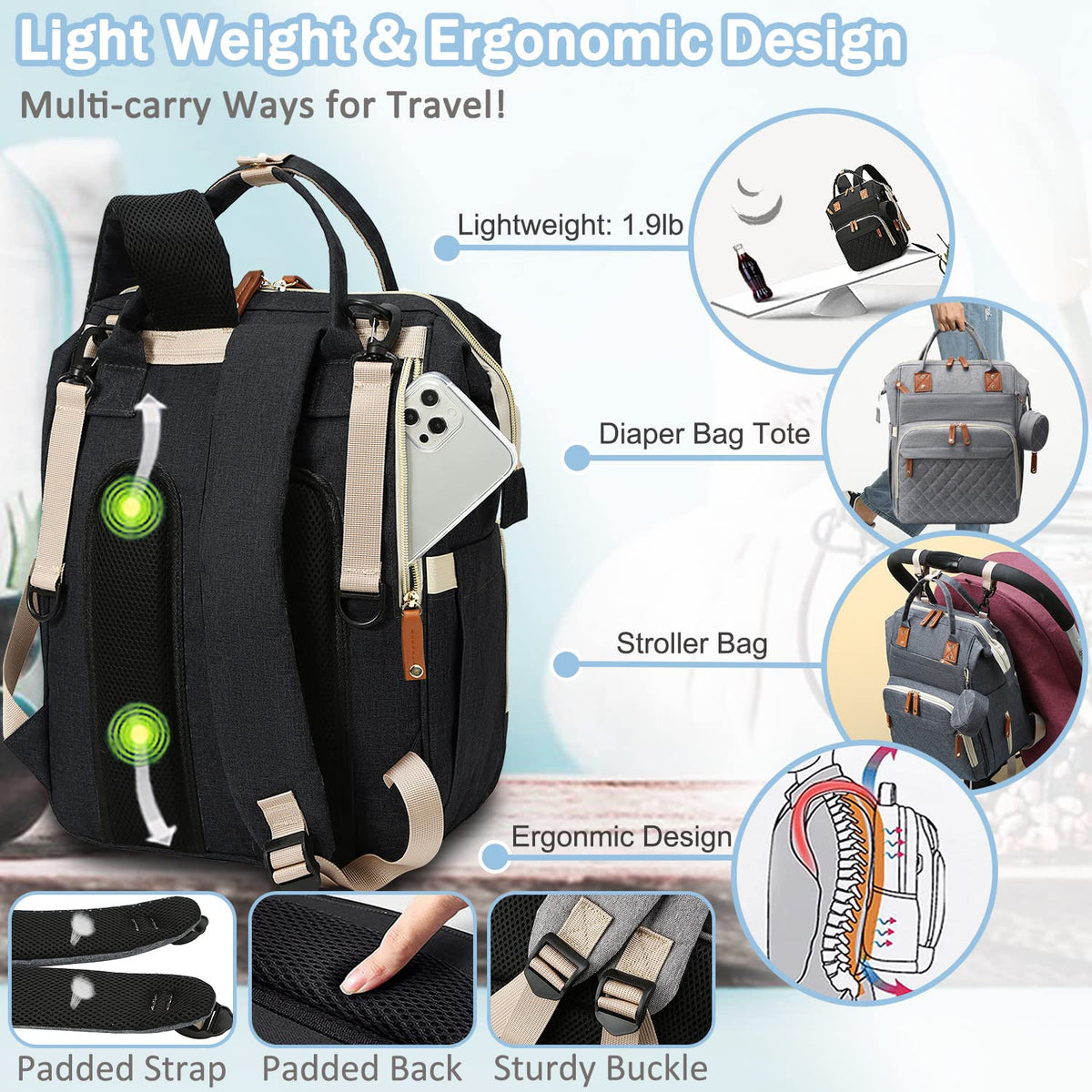 Diaper Bag Backpack Baby Bag, Baby Girl Boy Diaper Bag for Dad Mom with Pad, 16 Pockets, Pacifier Case, Large Diaper Bags Unisex for Travel(Pink Grey)