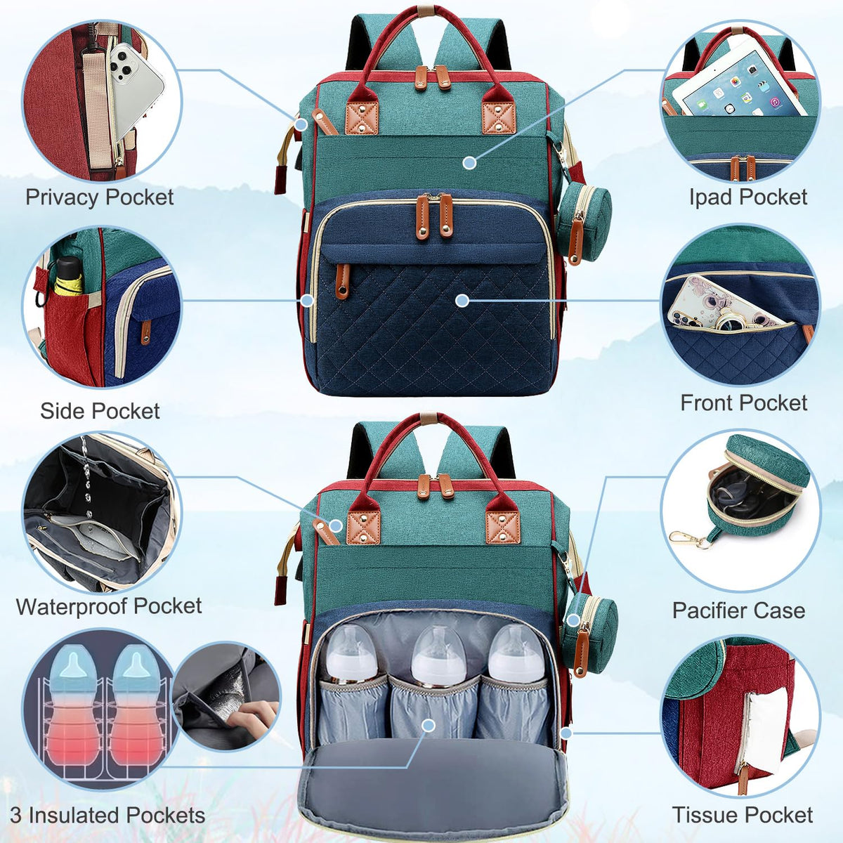 Diaper Bag Backpack Baby Bag, Baby Girl Boy Diaper Bag for Dad Mom with Pad, 16 Pockets, Pacifier Case, Large Diaper Bags Unisex for Travel(Pink Grey)