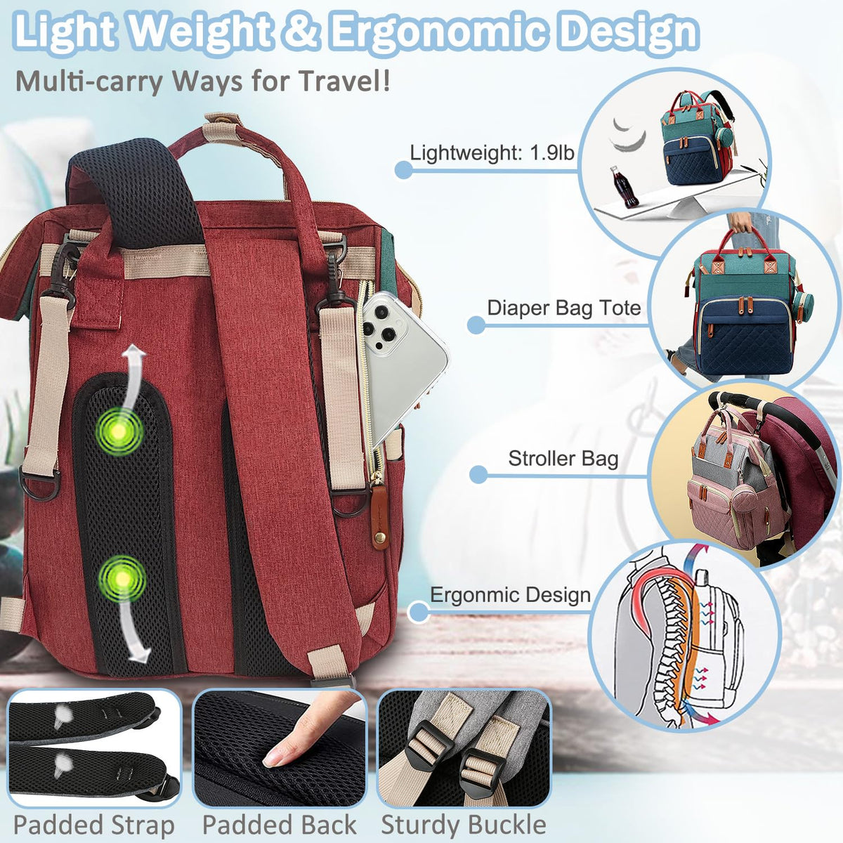 Diaper Bag Backpack Baby Bag, Baby Girl Boy Diaper Bag for Dad Mom with Pad, 16 Pockets, Pacifier Case, Large Diaper Bags Unisex for Travel(Pink Grey)