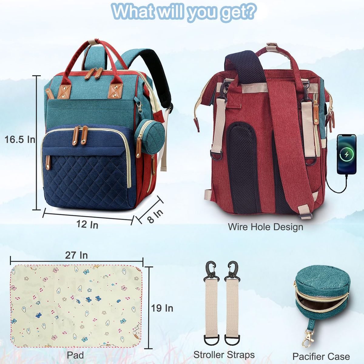 Diaper Bag Backpack Baby Bag, Baby Girl Boy Diaper Bag for Dad Mom with Pad, 16 Pockets, Pacifier Case, Large Diaper Bags Unisex for Travel(Pink Grey)