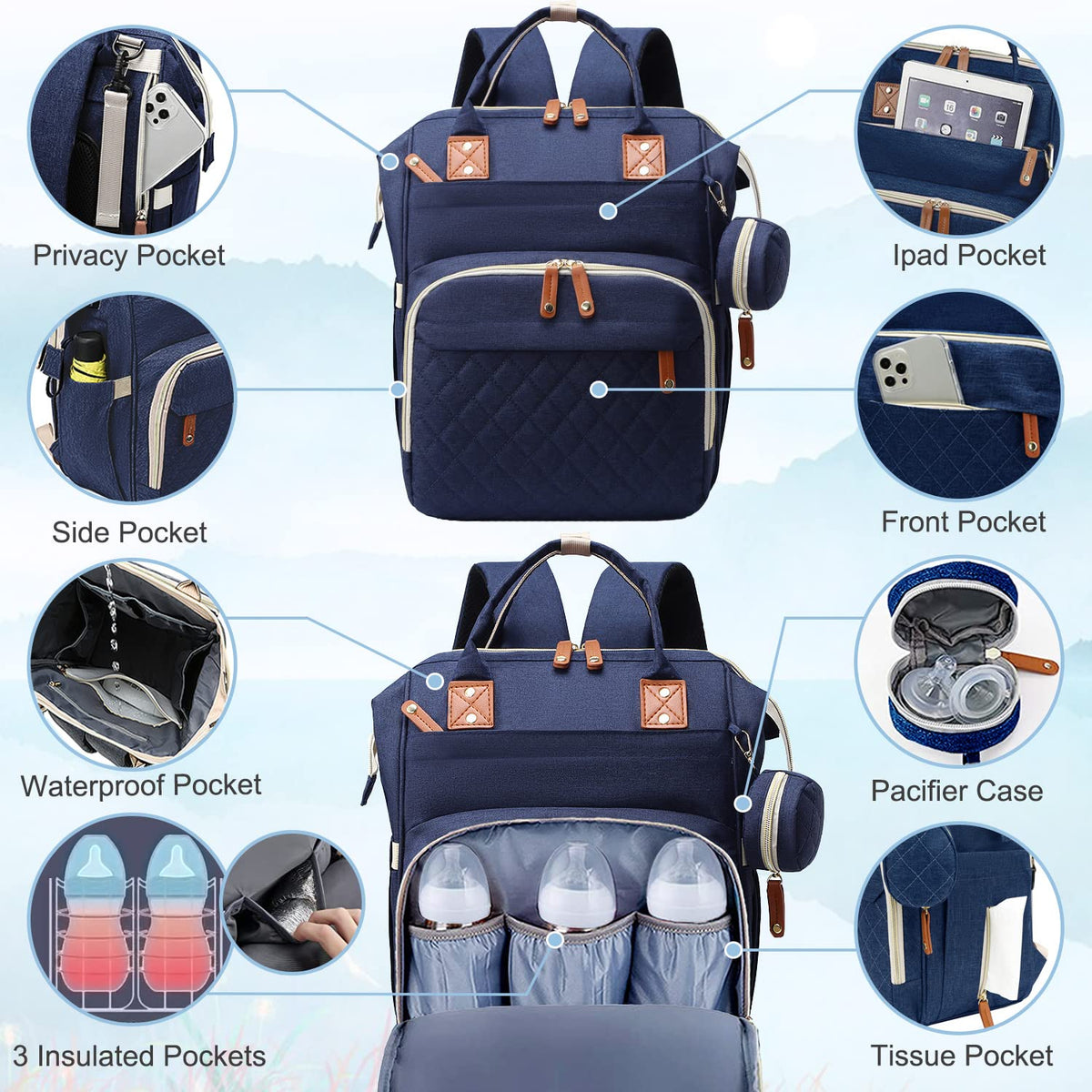 Diaper Bag Backpack Baby Bag, Baby Girl Boy Diaper Bag for Dad Mom with Pad, 16 Pockets, Pacifier Case, Large Diaper Bags Unisex for Travel(Pink Grey)