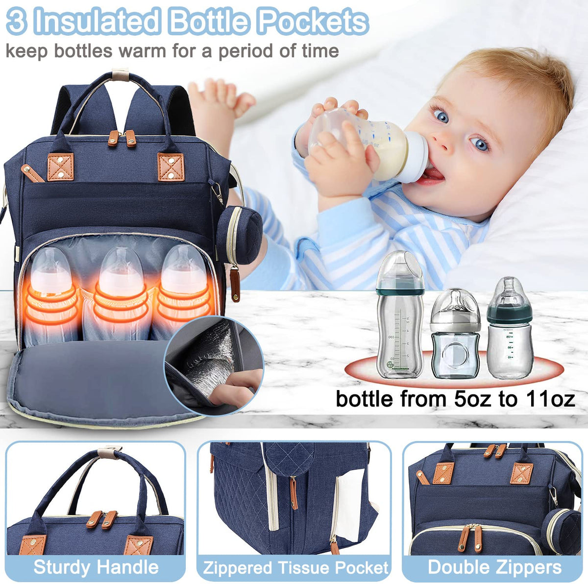 Diaper Bag Backpack Baby Bag, Baby Girl Boy Diaper Bag for Dad Mom with Pad, 16 Pockets, Pacifier Case, Large Diaper Bags Unisex for Travel(Pink Grey)