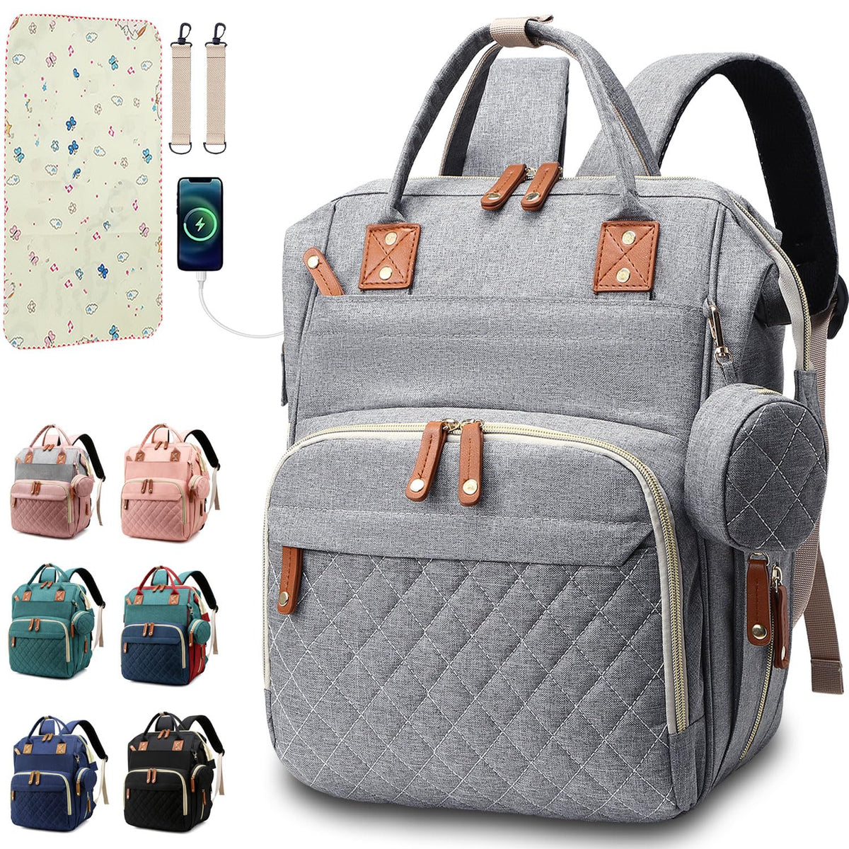 Diaper Bag Backpack Baby Bag, Baby Girl Boy Diaper Bag for Dad Mom with Pad, 16 Pockets, Pacifier Case, Large Diaper Bags Unisex for Travel(Pink Grey)