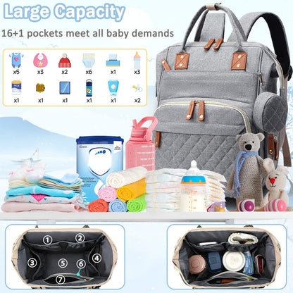 Diaper Bag Backpack Baby Bag, Baby Girl Boy Diaper Bag for Dad Mom with Pad, 16 Pockets, Pacifier Case, Large Diaper Bags Unisex for Travel(Pink Grey)