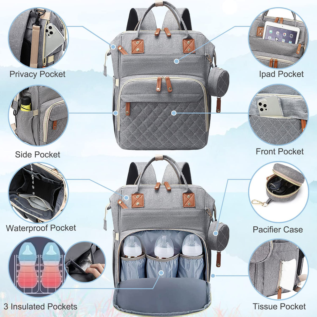 Diaper Bag Backpack Baby Bag, Baby Girl Boy Diaper Bag for Dad Mom with Pad, 16 Pockets, Pacifier Case, Large Diaper Bags Unisex for Travel(Pink Grey)