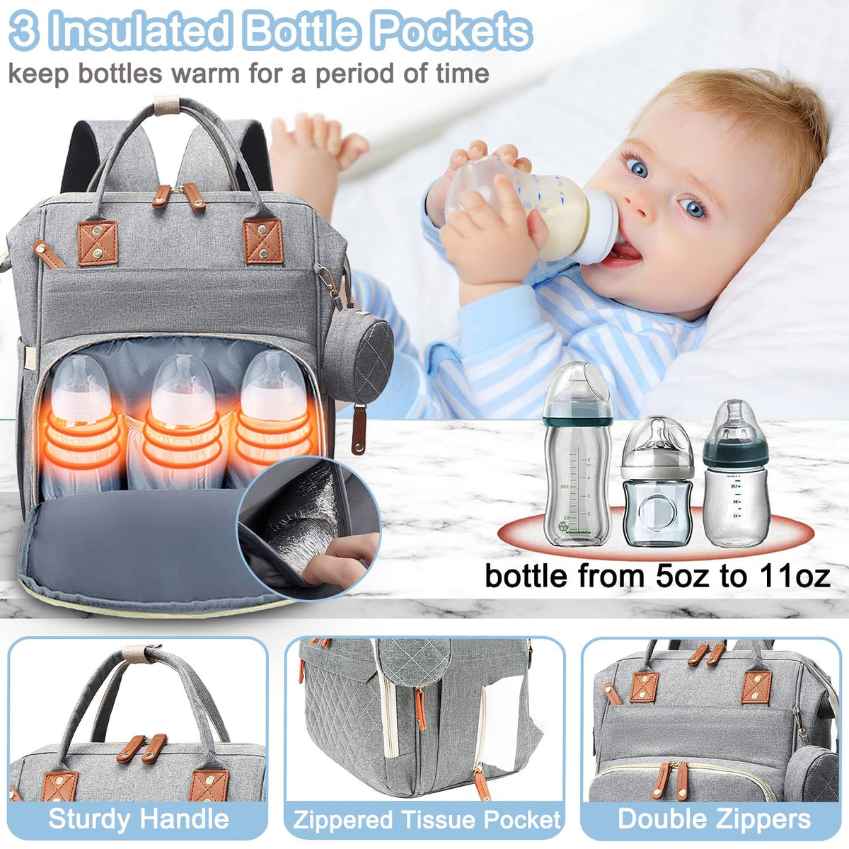Diaper Bag Backpack Baby Bag, Baby Girl Boy Diaper Bag for Dad Mom with Pad, 16 Pockets, Pacifier Case, Large Diaper Bags Unisex for Travel(Pink Grey)