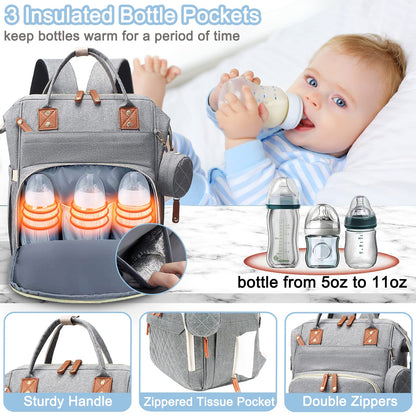 Diaper Bag Backpack Baby Bag, Baby Girl Boy Diaper Bag for Dad Mom with Pad, 16 Pockets, Pacifier Case, Large Diaper Bags Unisex for Travel(Pink Grey)