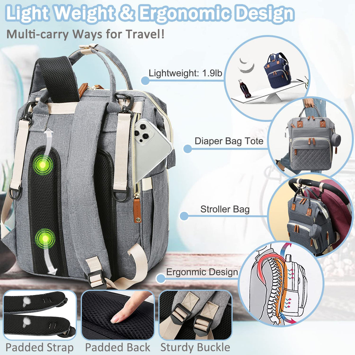 Diaper Bag Backpack Baby Bag, Baby Girl Boy Diaper Bag for Dad Mom with Pad, 16 Pockets, Pacifier Case, Large Diaper Bags Unisex for Travel(Pink Grey)