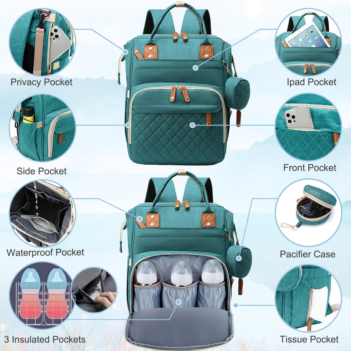Diaper Bag Backpack Baby Bag, Baby Girl Boy Diaper Bag for Dad Mom with Pad, 16 Pockets, Pacifier Case, Large Diaper Bags Unisex for Travel(Pink Grey)
