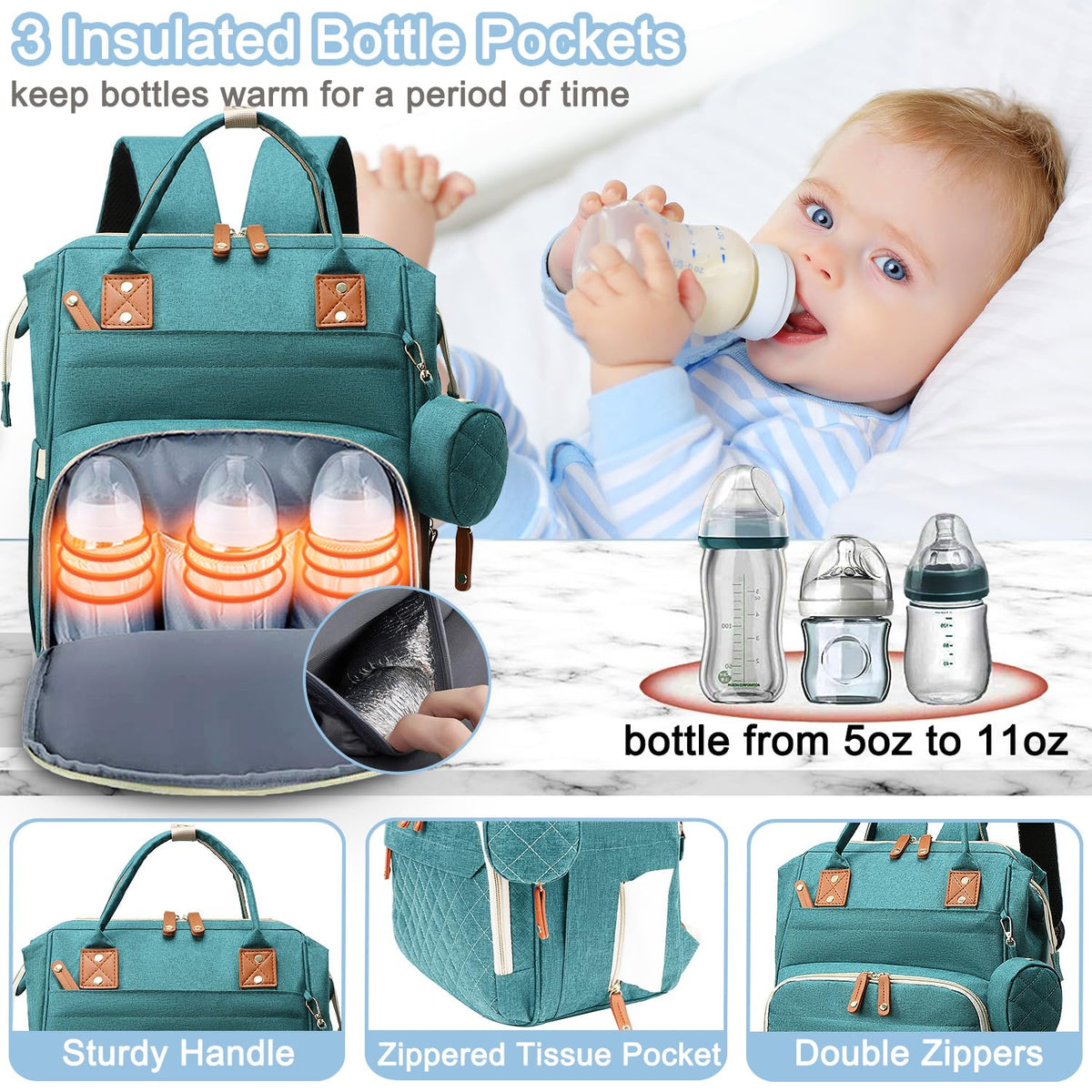 Diaper Bag Backpack Baby Bag, Baby Girl Boy Diaper Bag for Dad Mom with Pad, 16 Pockets, Pacifier Case, Large Diaper Bags Unisex for Travel(Pink Grey)