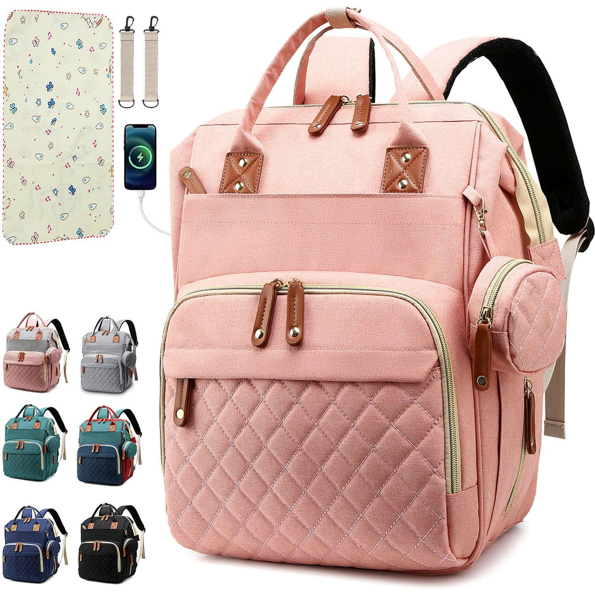 Diaper Bag Backpack Baby Bag, Baby Girl Boy Diaper Bag for Dad Mom with Pad, 16 Pockets, Pacifier Case, Large Diaper Bags Unisex for Travel(Pink Grey)