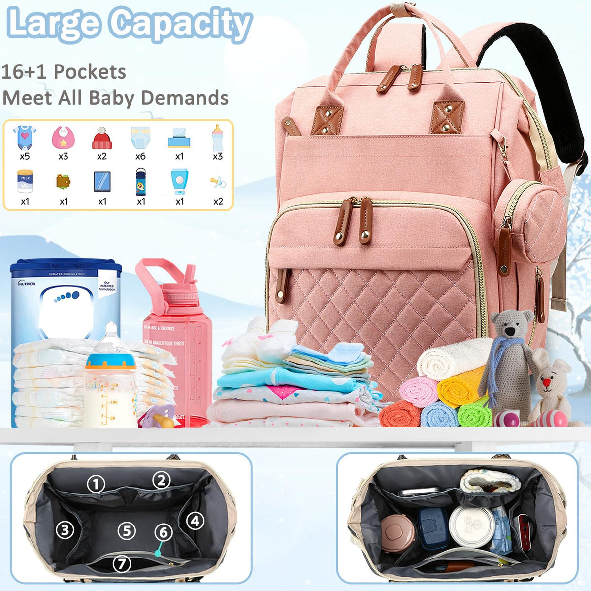 Diaper Bag Backpack Baby Bag, Baby Girl Boy Diaper Bag for Dad Mom with Pad, 16 Pockets, Pacifier Case, Large Diaper Bags Unisex for Travel(Pink Grey)