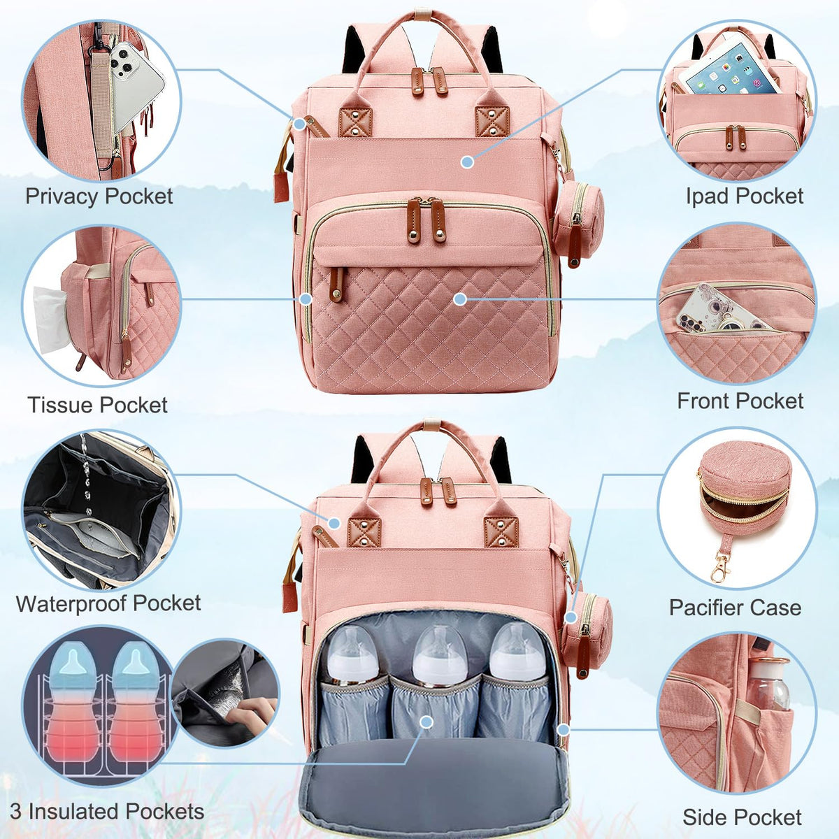 Diaper Bag Backpack Baby Bag, Baby Girl Boy Diaper Bag for Dad Mom with Pad, 16 Pockets, Pacifier Case, Large Diaper Bags Unisex for Travel(Pink Grey)
