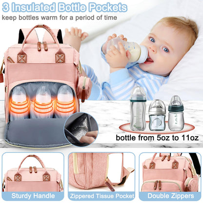 Diaper Bag Backpack Baby Bag, Baby Girl Boy Diaper Bag for Dad Mom with Pad, 16 Pockets, Pacifier Case, Large Diaper Bags Unisex for Travel(Pink Grey)