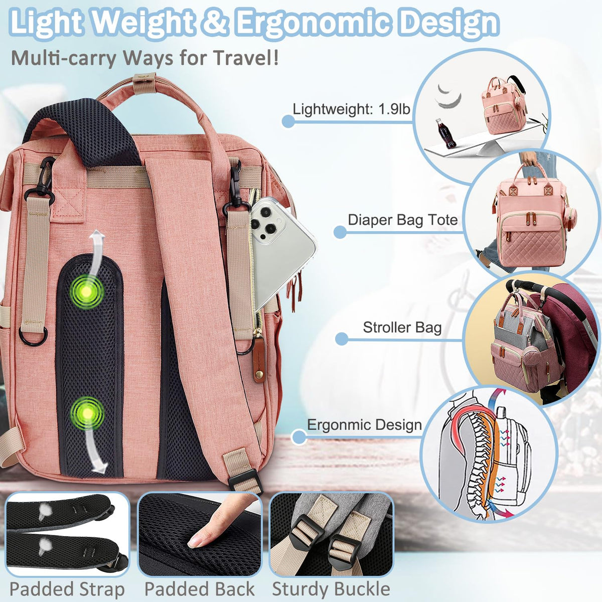 Diaper Bag Backpack Baby Bag, Baby Girl Boy Diaper Bag for Dad Mom with Pad, 16 Pockets, Pacifier Case, Large Diaper Bags Unisex for Travel(Pink Grey)