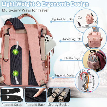 Diaper Bag Backpack Baby Bag, Baby Girl Boy Diaper Bag for Dad Mom with Pad, 16 Pockets, Pacifier Case, Large Diaper Bags Unisex for Travel(Pink Grey)