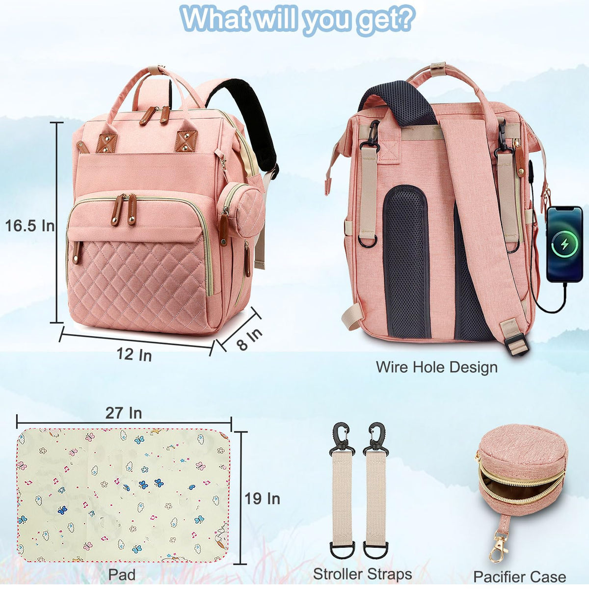 Diaper Bag Backpack Baby Bag, Baby Girl Boy Diaper Bag for Dad Mom with Pad, 16 Pockets, Pacifier Case, Large Diaper Bags Unisex for Travel(Pink Grey)
