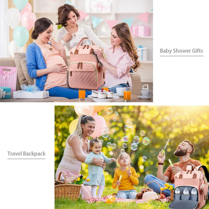 Diaper Bag Backpack Baby Bag, Baby Girl Boy Diaper Bag for Dad Mom with Pad, 16 Pockets, Pacifier Case, Large Diaper Bags Unisex for Travel(Pink Grey)