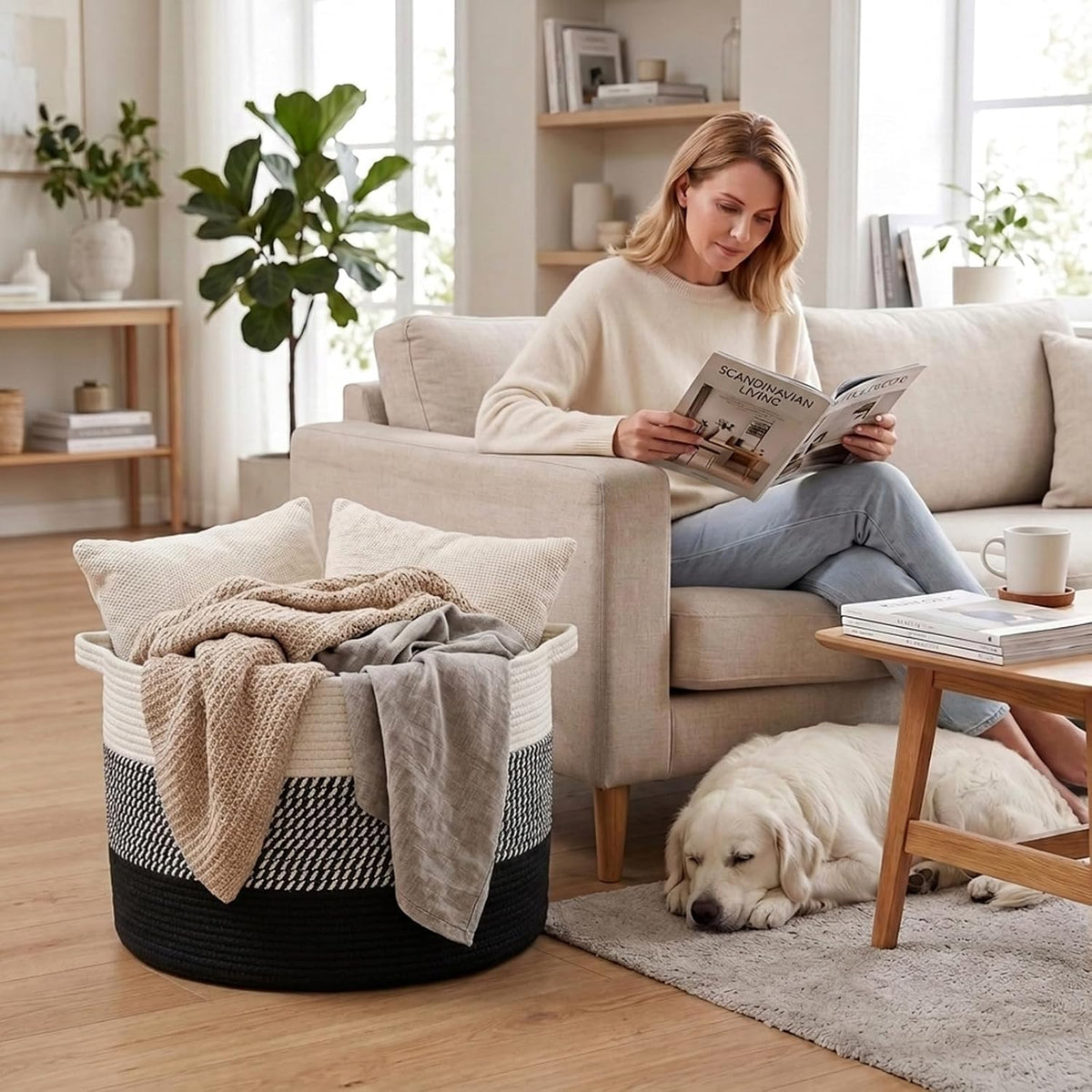 90L Large Blanket Basket,Rope Woven Laundry Basket-Yellow