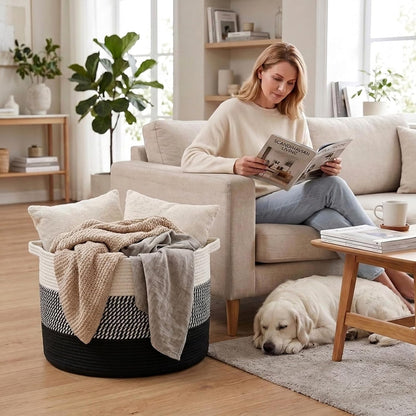 90L Large Blanket Basket,Rope Woven Laundry Basket-Yellow