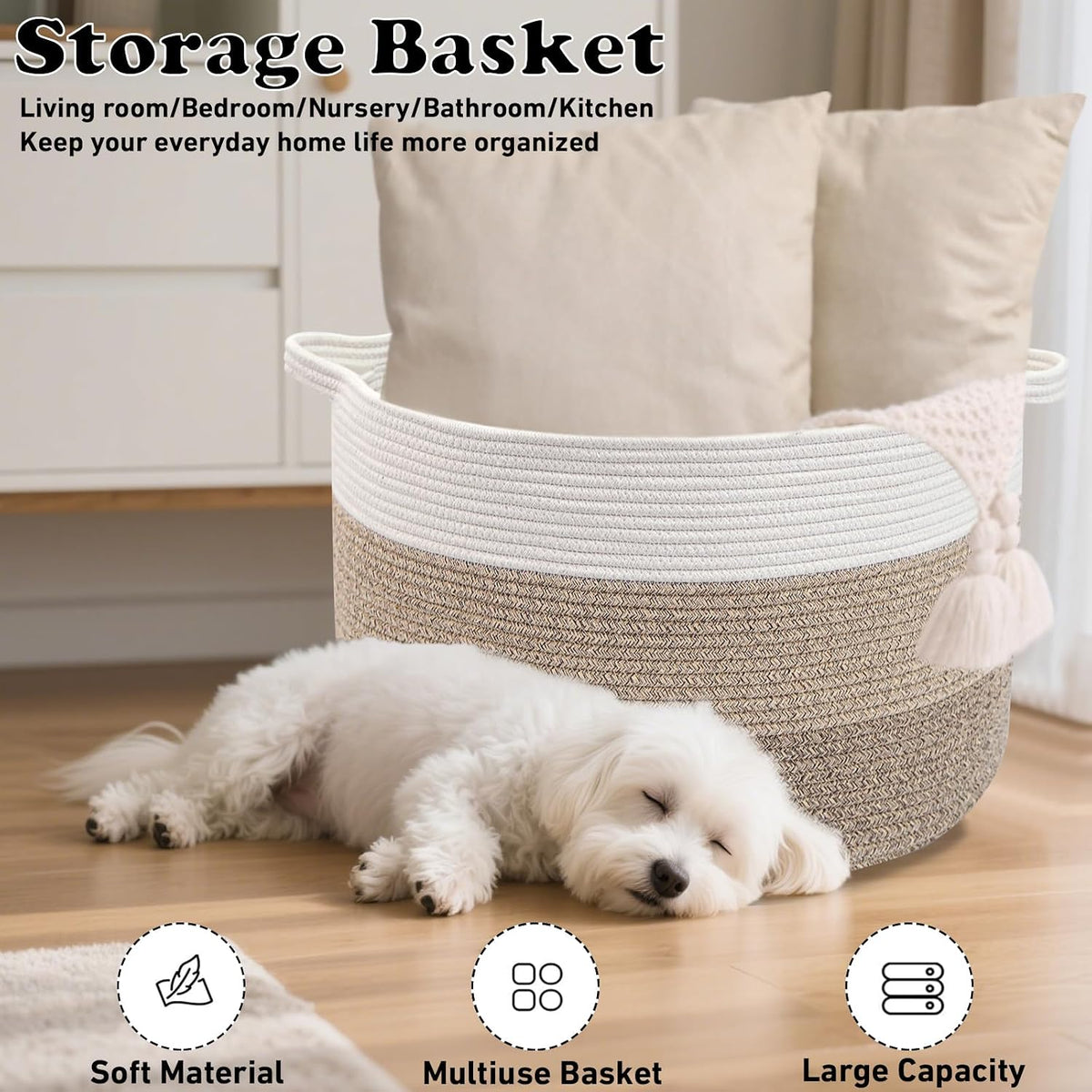 90L Large Blanket Basket,Rope Woven Laundry Basket-Yellow