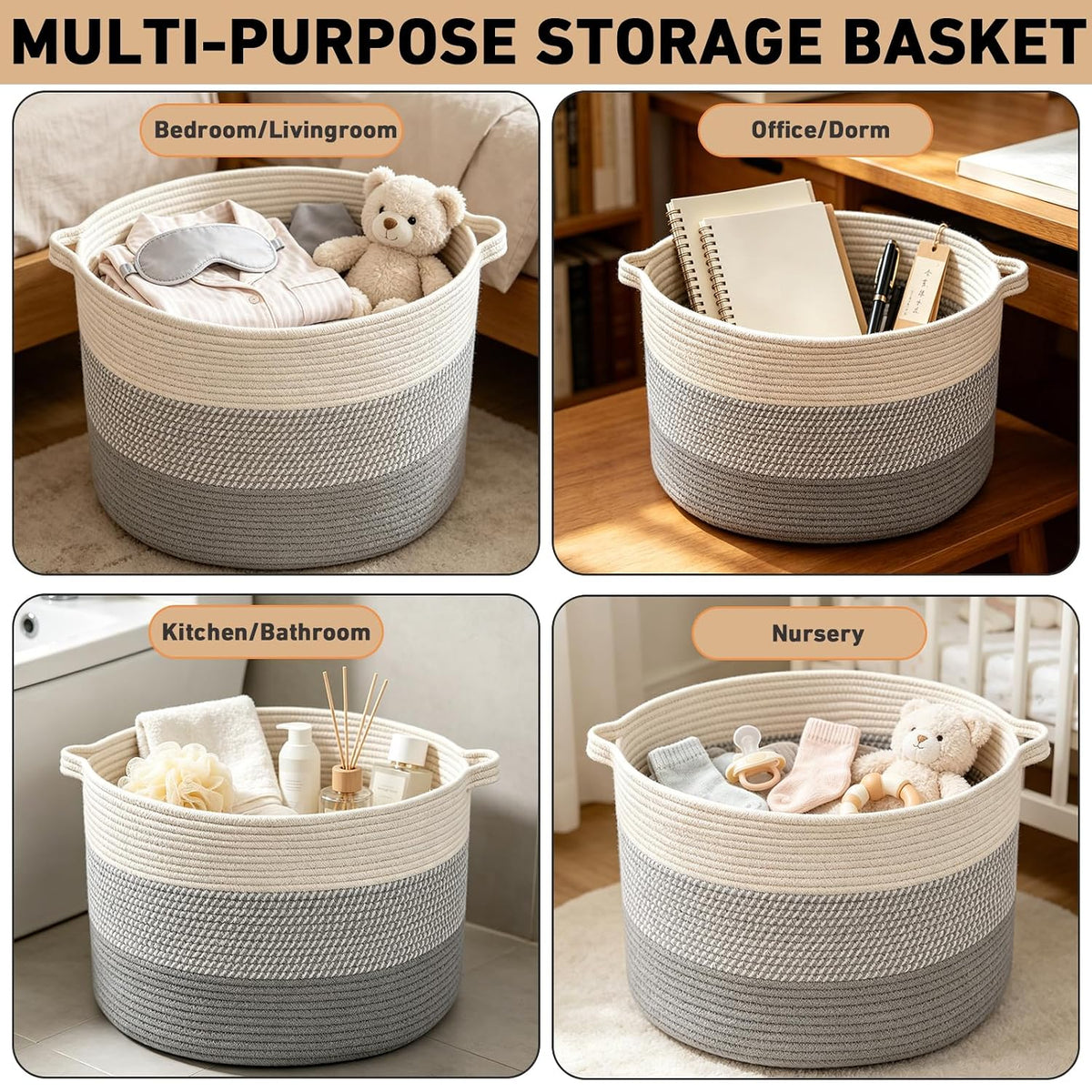 90L Large Blanket Basket,Rope Woven Laundry Basket-Yellow