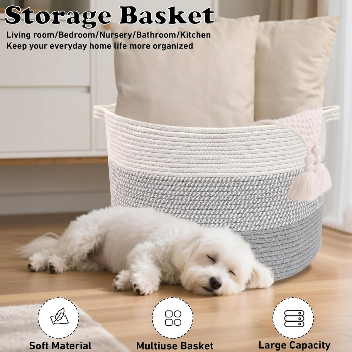 90L Large Blanket Basket,Rope Woven Laundry Basket-Yellow