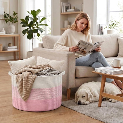 90L Large Blanket Basket,Rope Woven Laundry Basket-Yellow