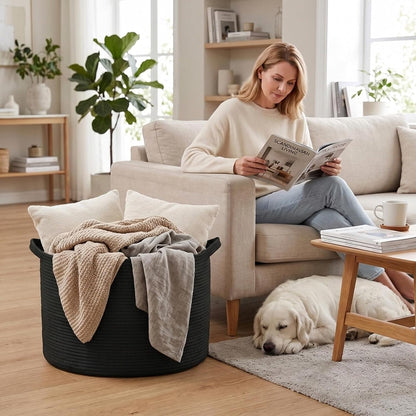 90L Large Blanket Basket,Rope Woven Laundry Basket-Yellow