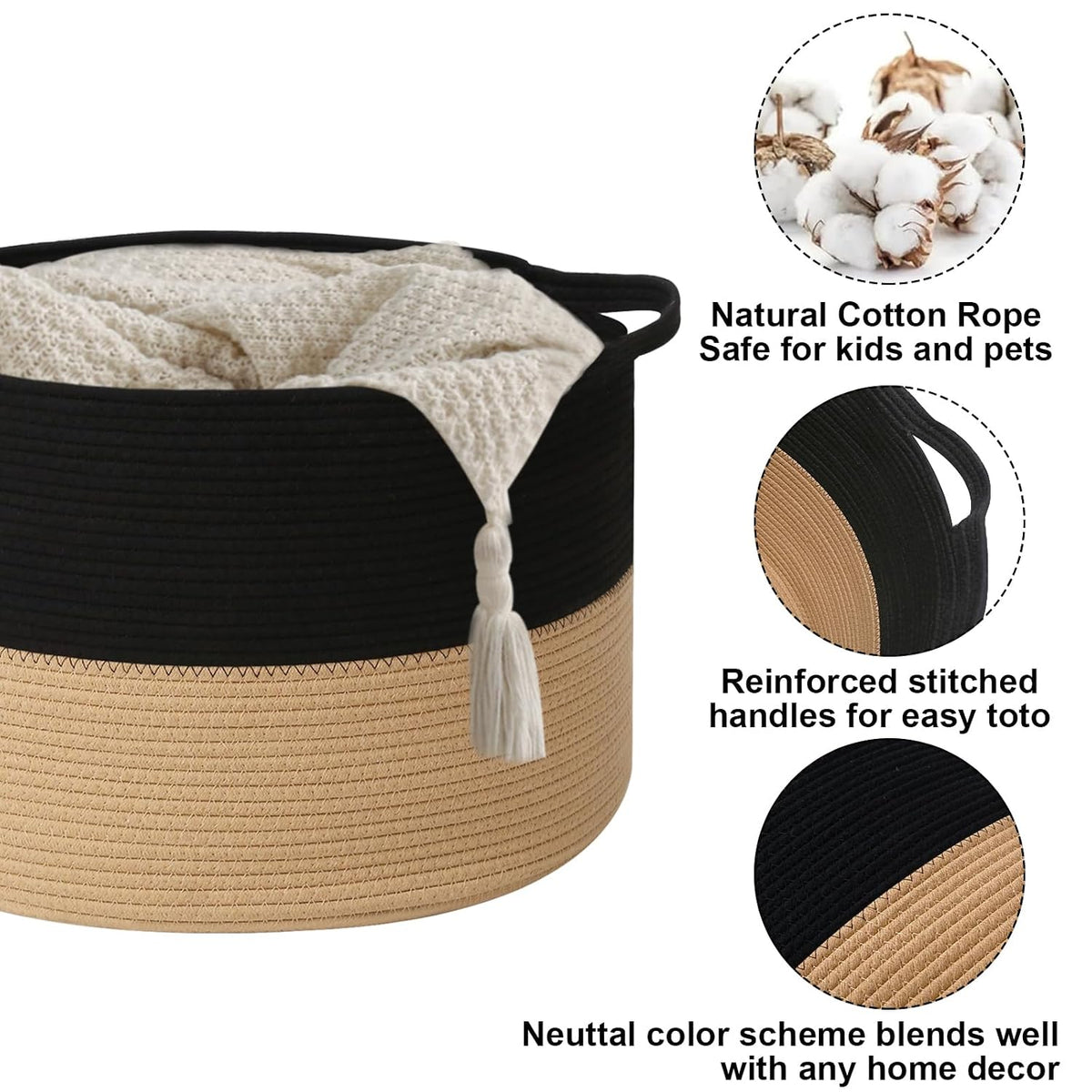 90L Large Blanket Basket,Rope Woven Laundry Basket-Yellow