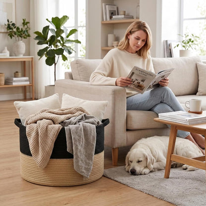 90L Large Blanket Basket,Rope Woven Laundry Basket-Yellow