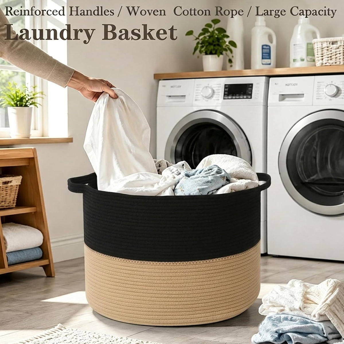 90L Large Blanket Basket,Rope Woven Laundry Basket-Yellow
