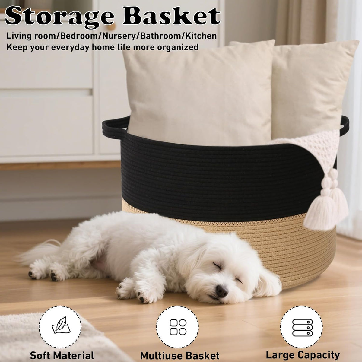 90L Large Blanket Basket,Rope Woven Laundry Basket-Yellow