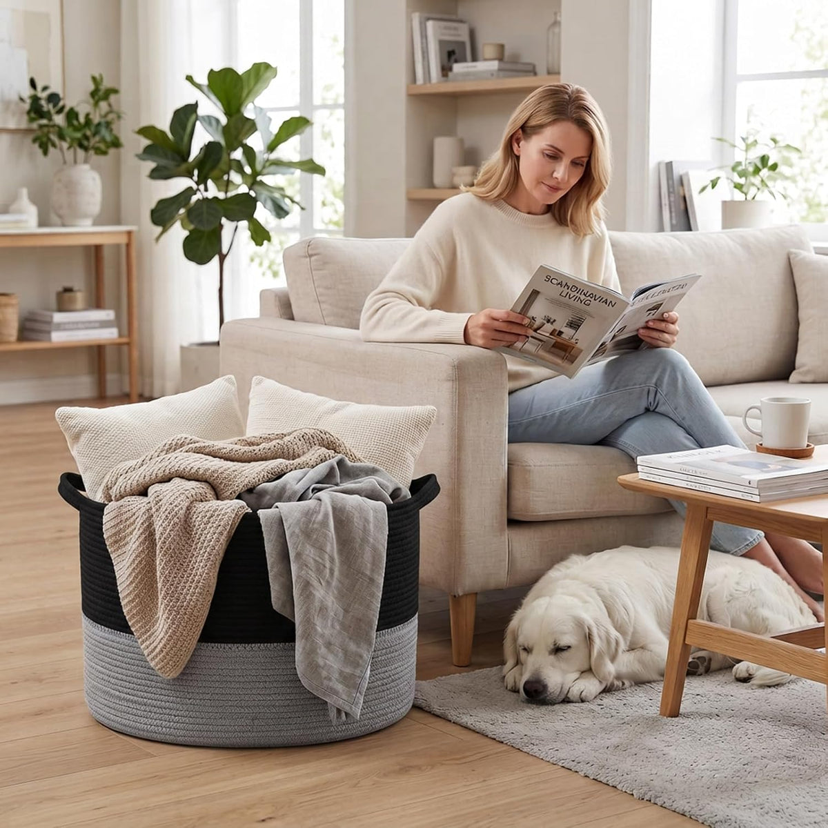 90L Large Blanket Basket,Rope Woven Laundry Basket-Yellow