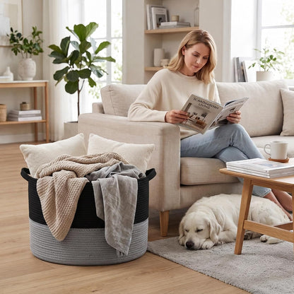 90L Large Blanket Basket,Rope Woven Laundry Basket-Yellow