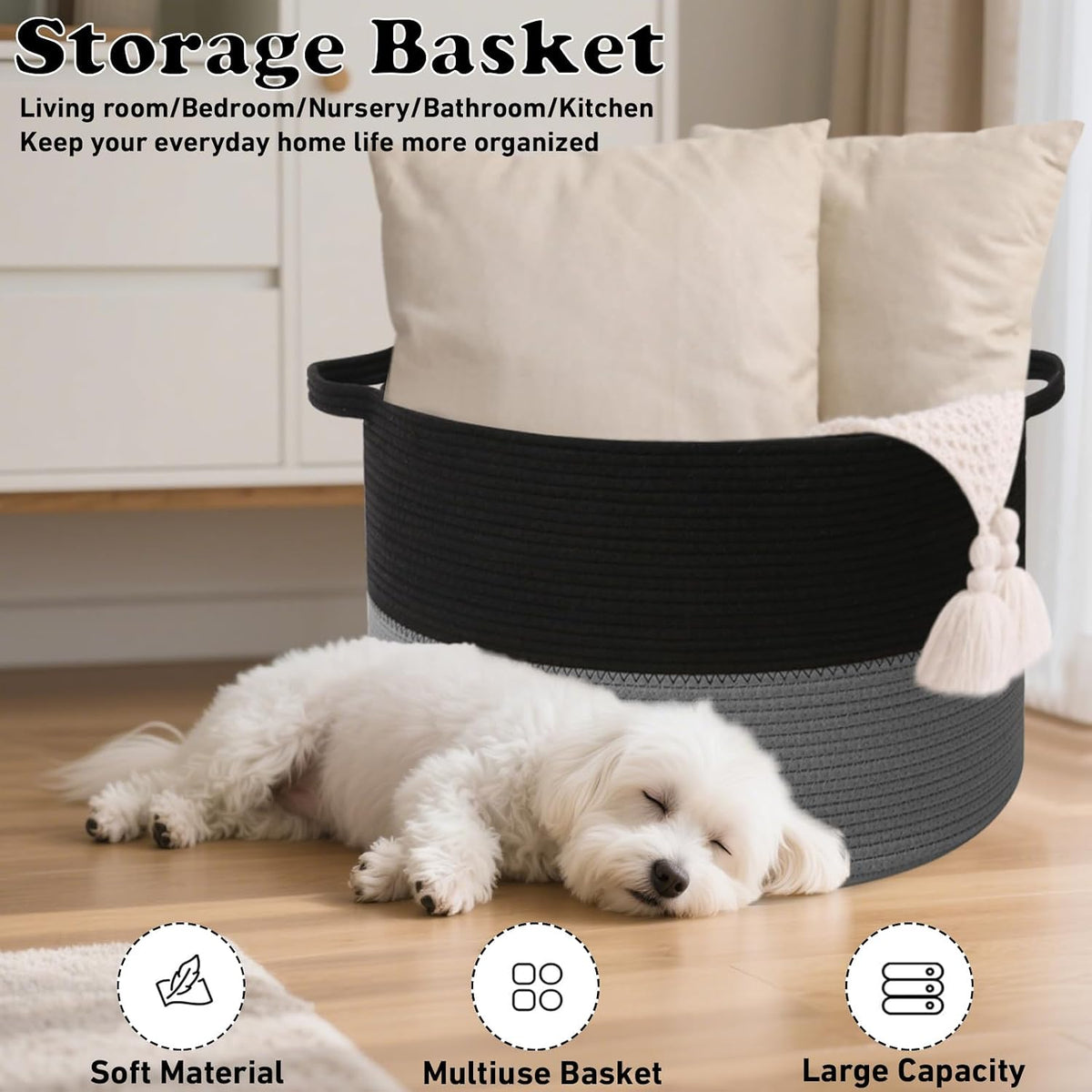 90L Large Blanket Basket,Rope Woven Laundry Basket-Yellow