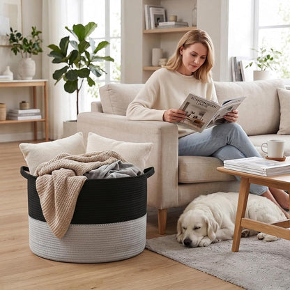 90L Large Blanket Basket,Rope Woven Laundry Basket-Yellow