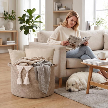 90L Large Blanket Basket,Rope Woven Laundry Basket-Yellow