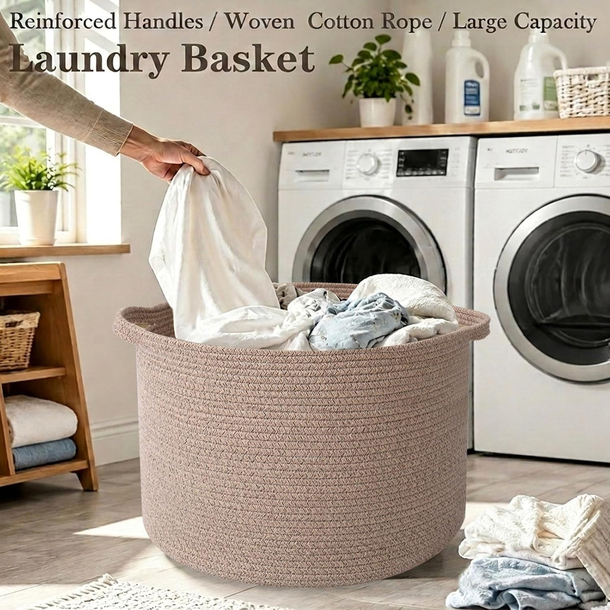 90L Large Blanket Basket,Rope Woven Laundry Basket-Yellow