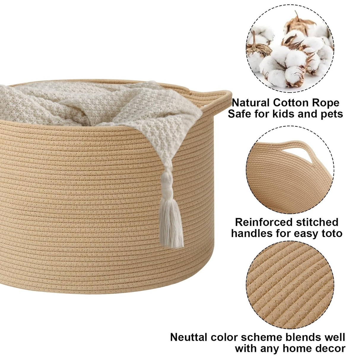 90L Large Blanket Basket,Rope Woven Laundry Basket-Yellow