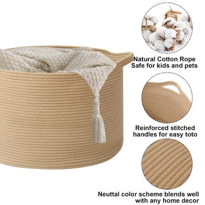 90L Large Blanket Basket,Rope Woven Laundry Basket-Yellow