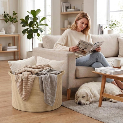 90L Large Blanket Basket,Rope Woven Laundry Basket-Yellow